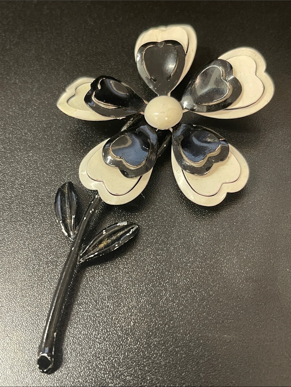 Black and Cream Enamel Flower Brooch